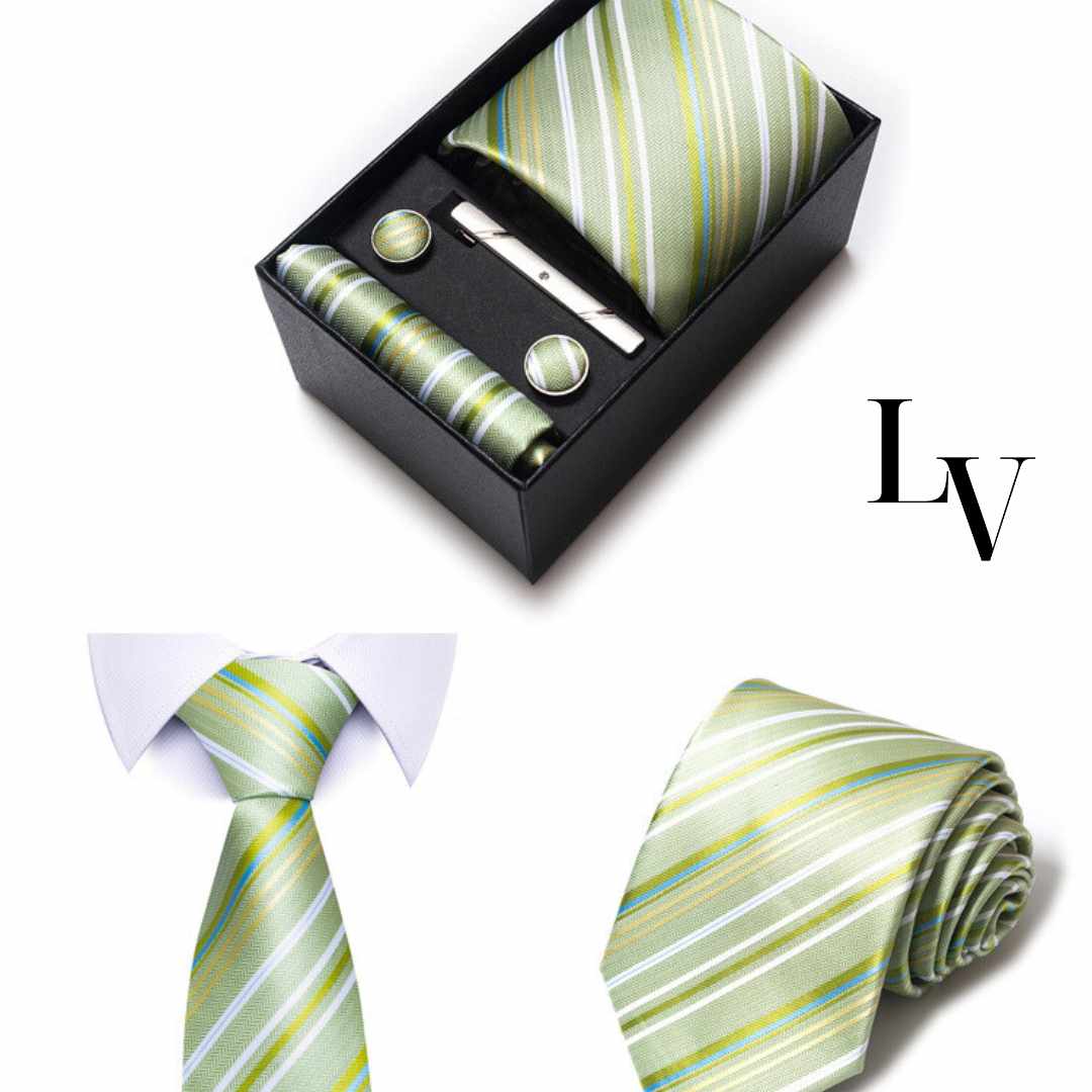 Conjunto Elegância Sutil LV20 - Gravata, Abotoaduras, Lenço e Prendedor Para Gravata