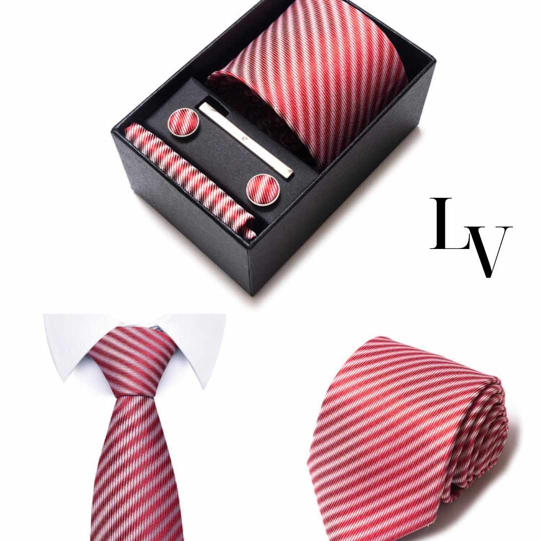 Conjunto Elegância Sutil LV18 - Gravata, Abotoaduras, Lenço e Prendedor Para Gravata