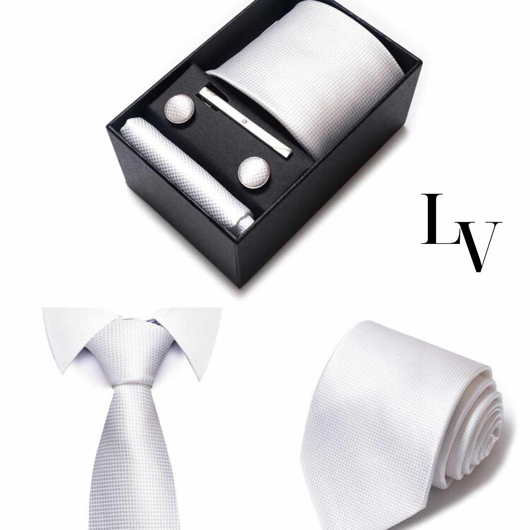 Conjunto Elegância Sutil LV17 - Gravata, Abotoaduras, Lenço e Prendedor Para Gravata