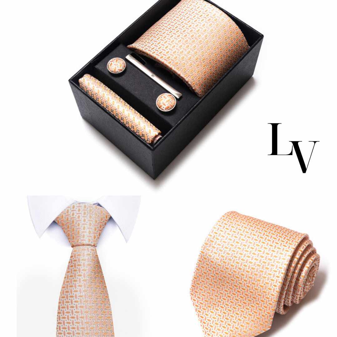 Conjunto Elegância Sutil LV14 - Gravata, Abotoaduras, Lenço e Prendedor Para Gravata