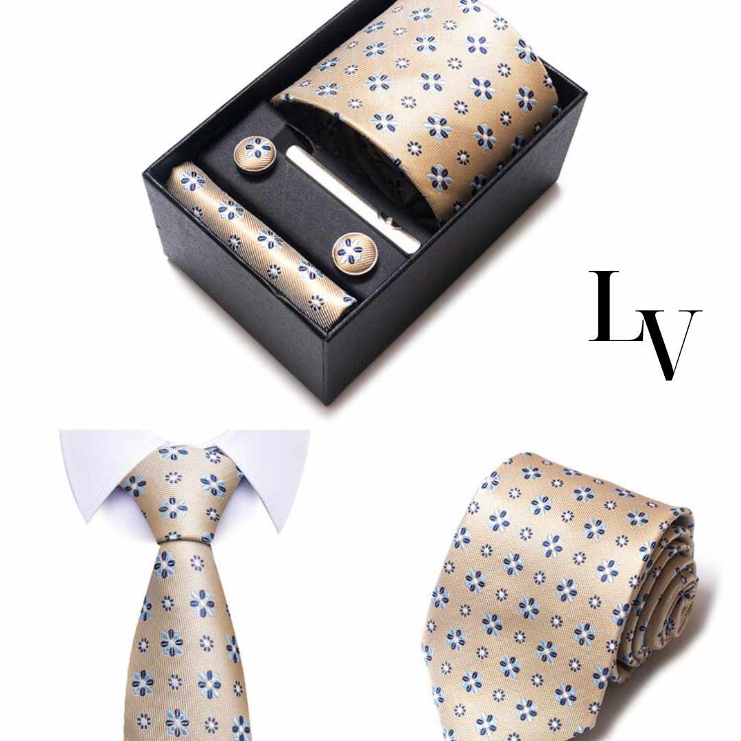 Conjunto Elegância Sutil LV12 - Gravata, Abotoaduras, Lenço e Prendedor Para Gravata