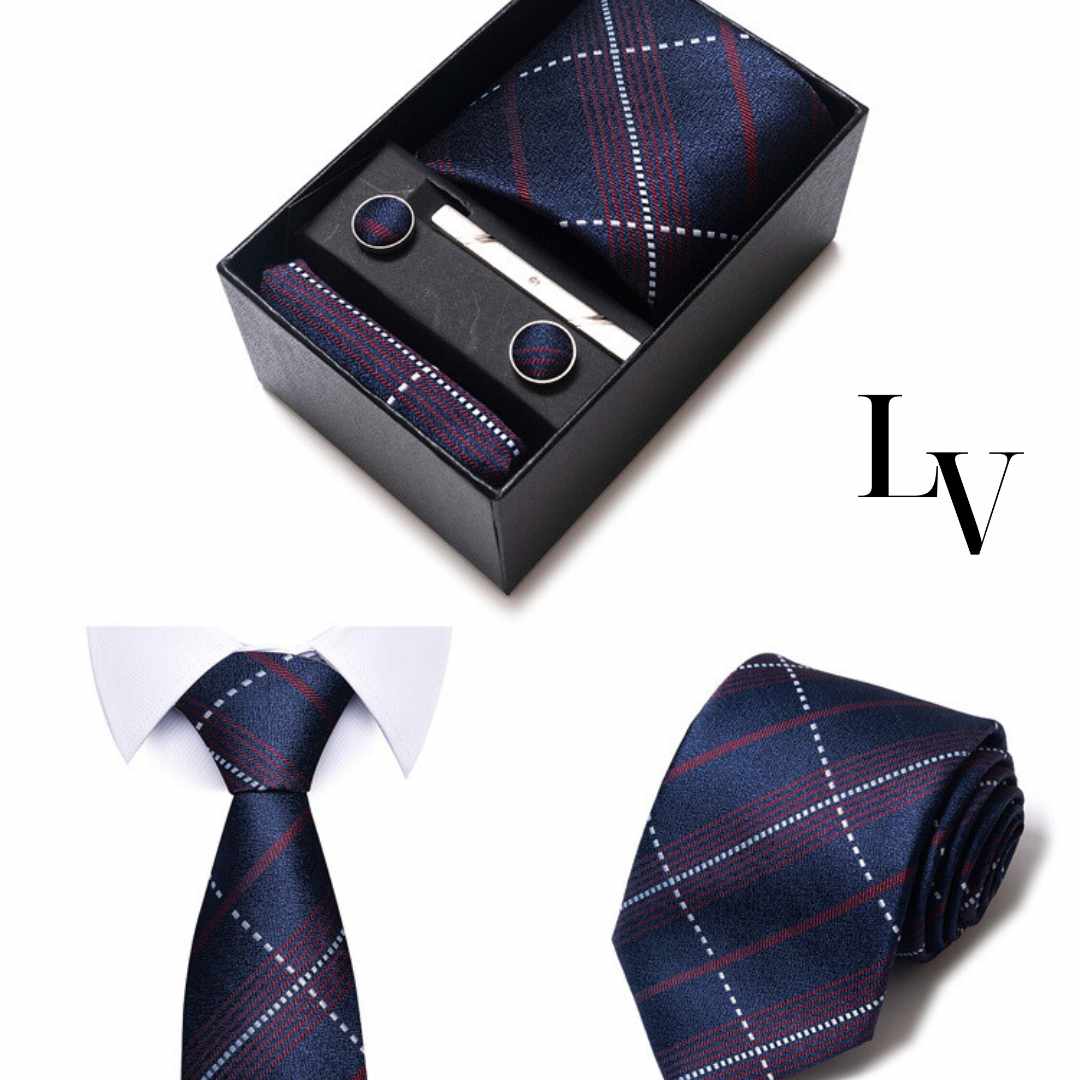 Conjunto Elegância Sutil LV07 - Gravata, Abotoaduras, Lenço e Prendedor Para Gravata