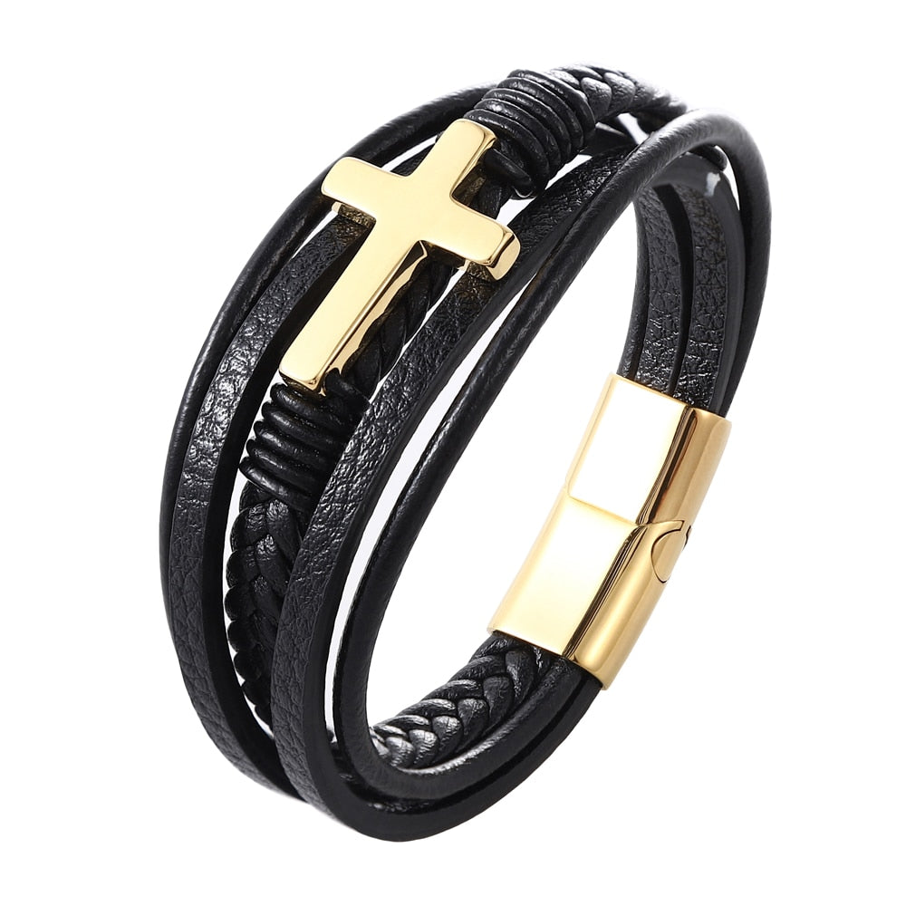 Pulseira em Couro Trançada com Crucifixo em Aço Inoxidável