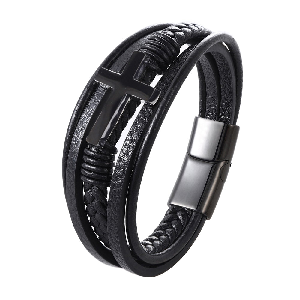 Pulseira em Couro Trançada com Crucifixo em Aço Inoxidável
