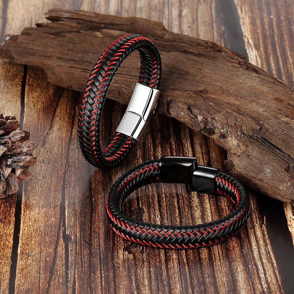 Pulseira Masculina de Couro Trançado com Fecho Magnético