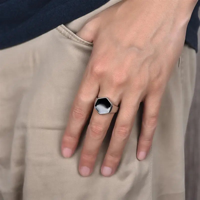 Anel Geométrico em Aço Inoxidável Hex Black