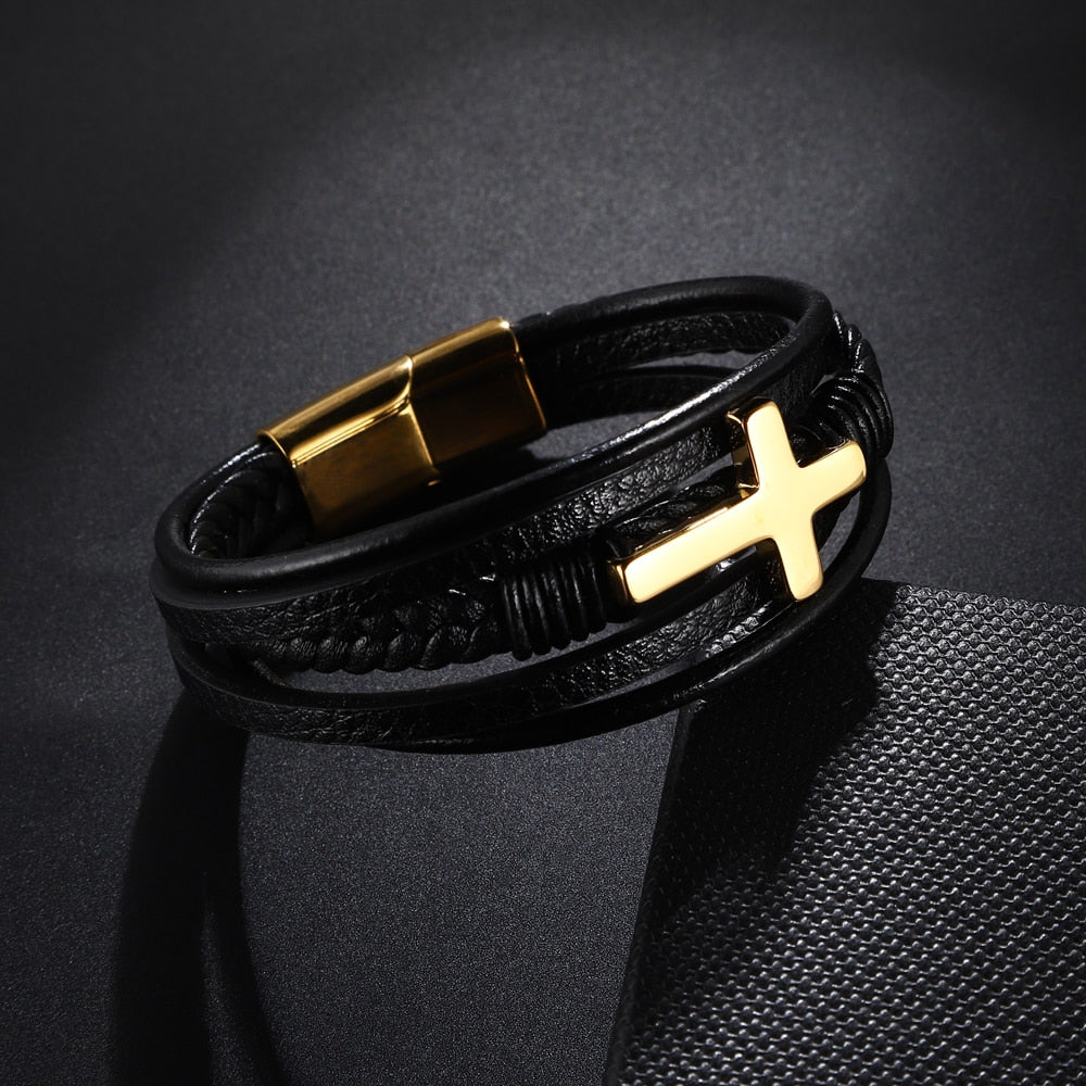 Pulseira em Couro Trançada com Crucifixo em Aço Inoxidável