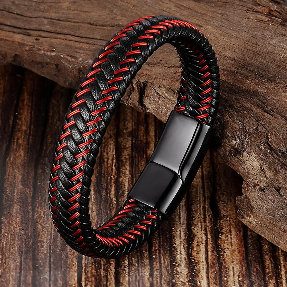 Pulseira Masculina de Couro Trançado com Fecho Magnético