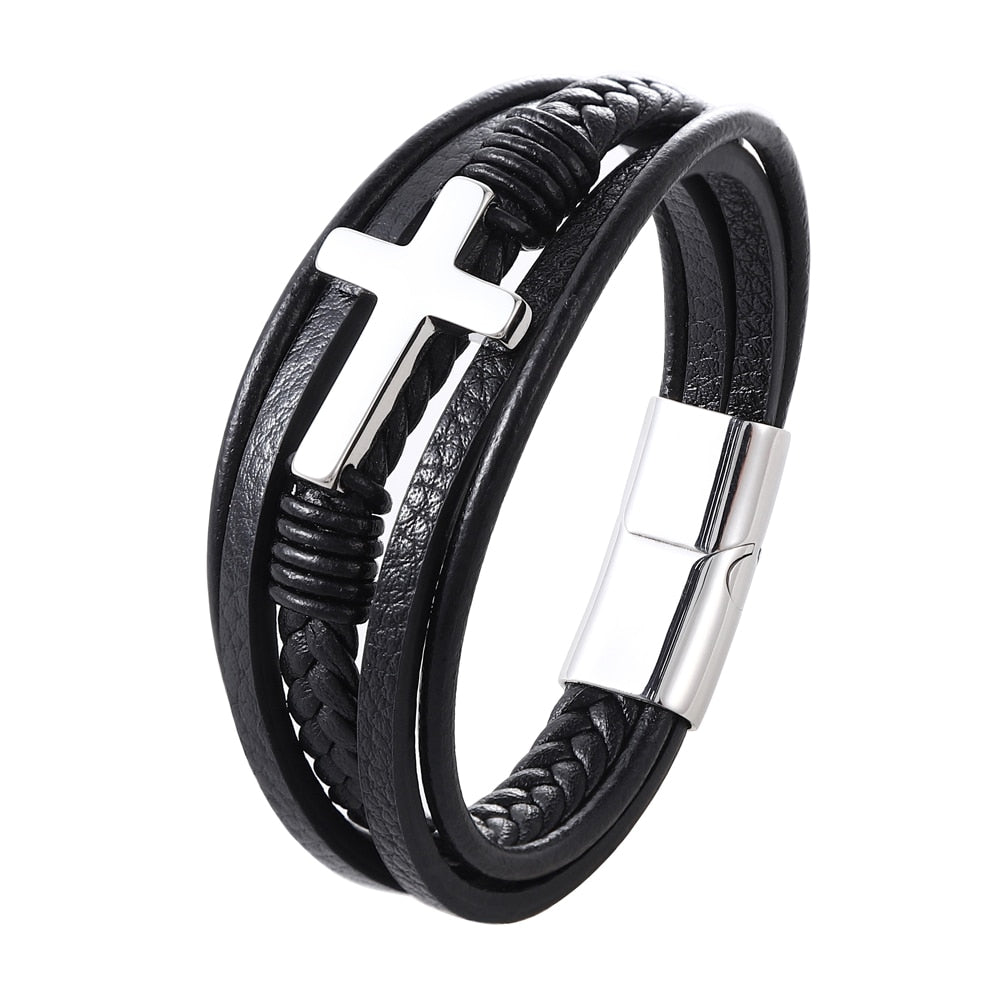 Pulseira em Couro Trançada com Crucifixo em Aço Inoxidável