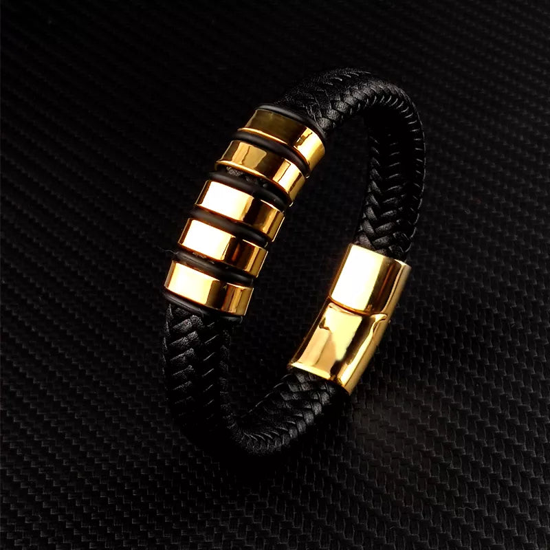 Pulseira de Couro Trançado e Aço Inoxidável - FUSION