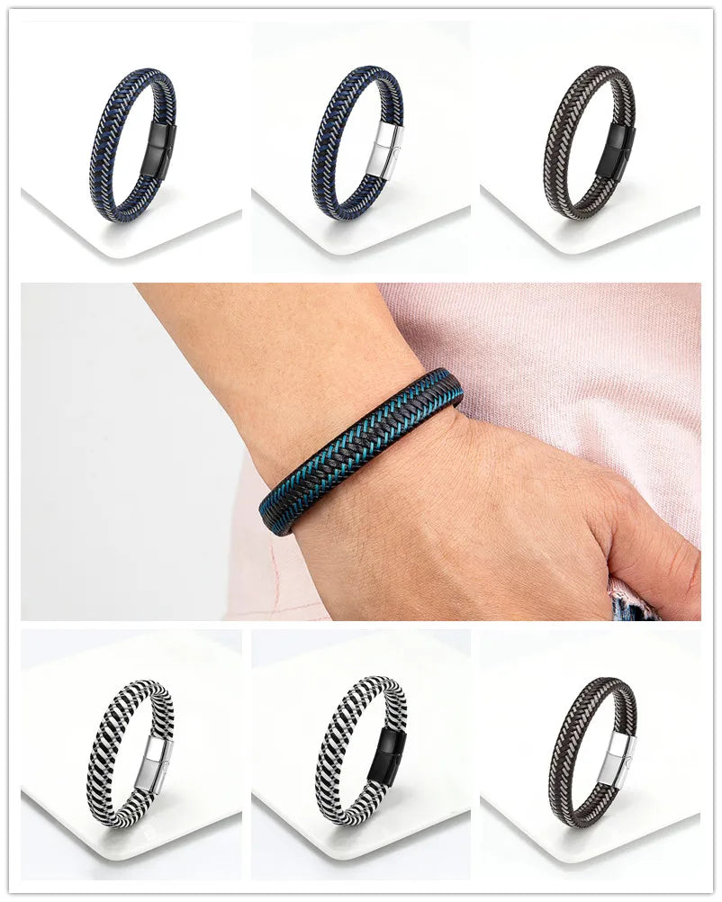 Pulseira Masculina de Couro Trançado com Fecho Magnético