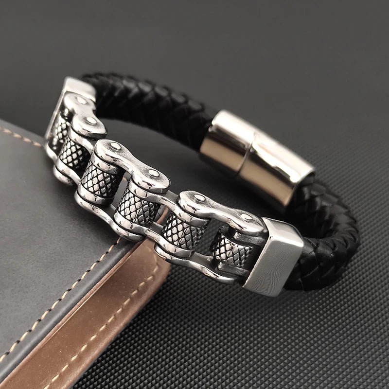 Pulseira de Couro e Corrente Biker