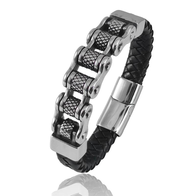 Pulseira de Couro e Corrente Biker