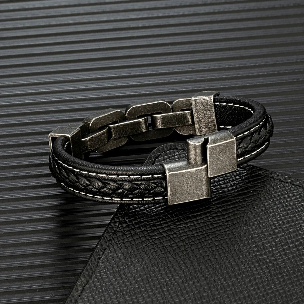 Pulseira Masculina de Couro com Corrente Locomotive - Vondore