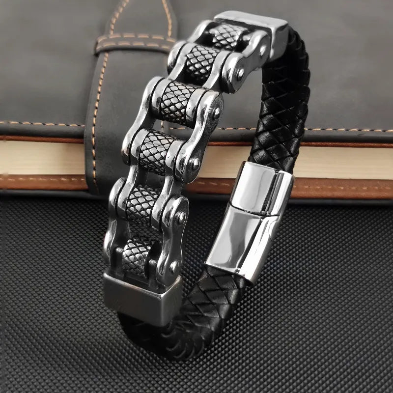 Pulseira de Couro e Corrente Biker