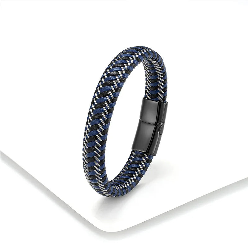 Pulseira Masculina de Couro Trançado com Fecho Magnético