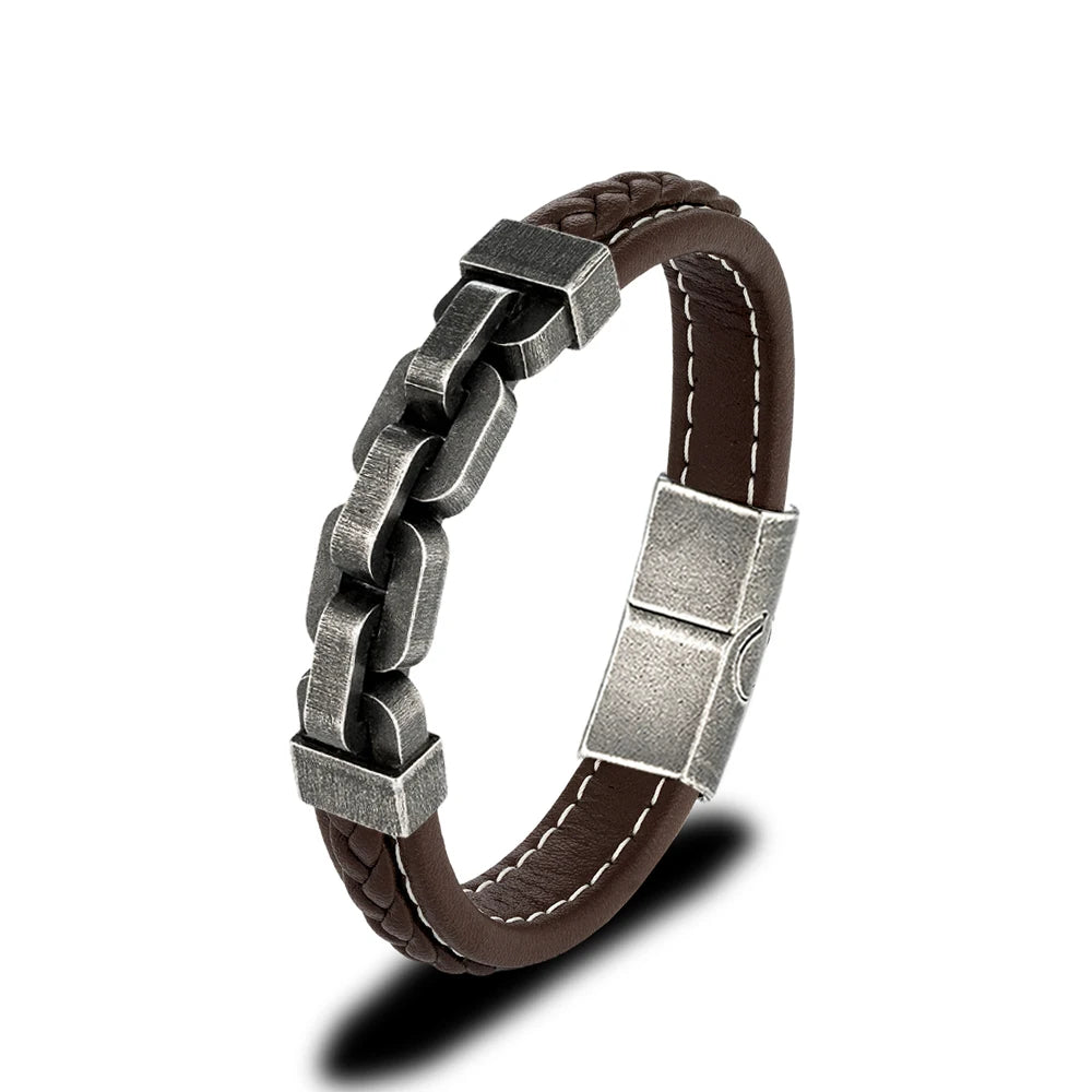 Pulseira Masculina de Couro com Corrente Locomotive - Vondore