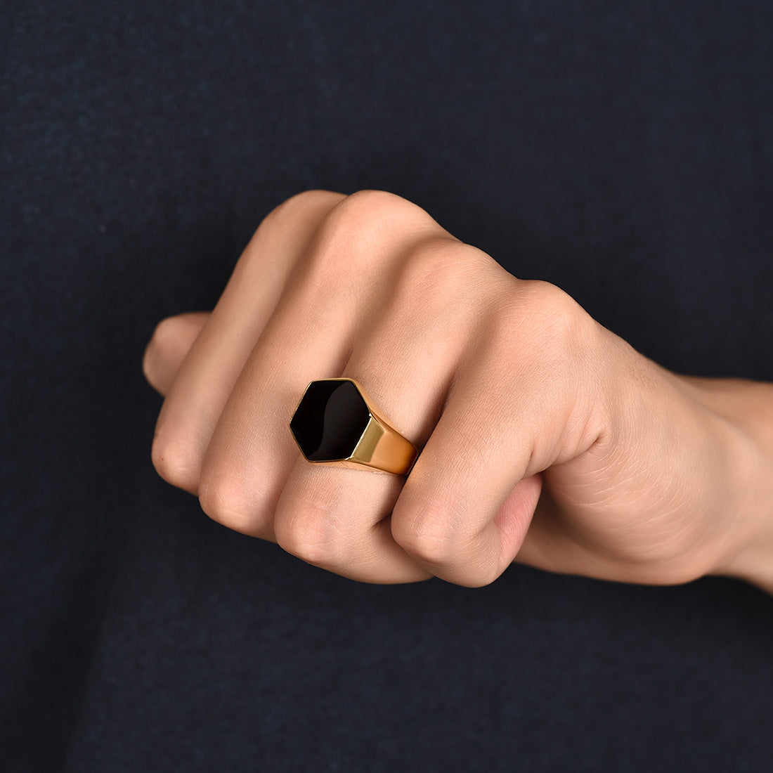 Anel Geométrico em Aço Inoxidável Hex Black