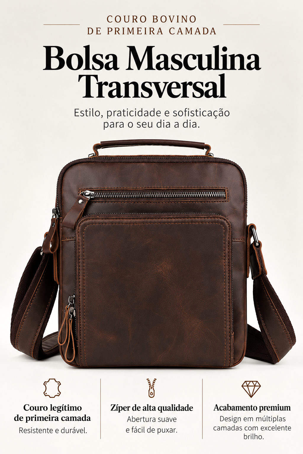 Bolsa Masculina Shoulder Bag em Couro Crazy Horse