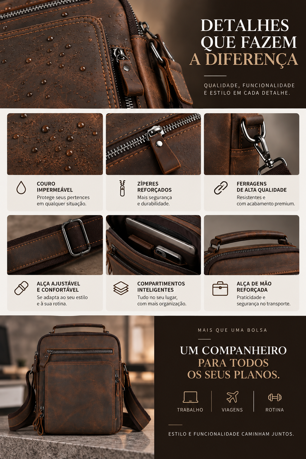 Bolsa Masculina Shoulder Bag em Couro Crazy Horse