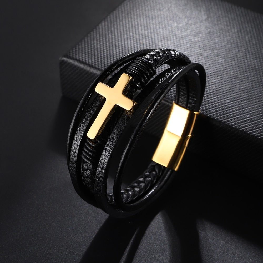 Pulseira em Couro Trançada com Crucifixo em Aço Inoxidável
