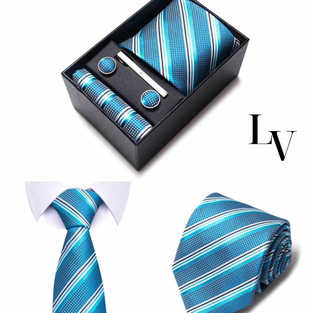 Conjunto Elegância Sutil LV19 - Gravata, Abotoaduras, Lenço e Prendedor Para Gravata