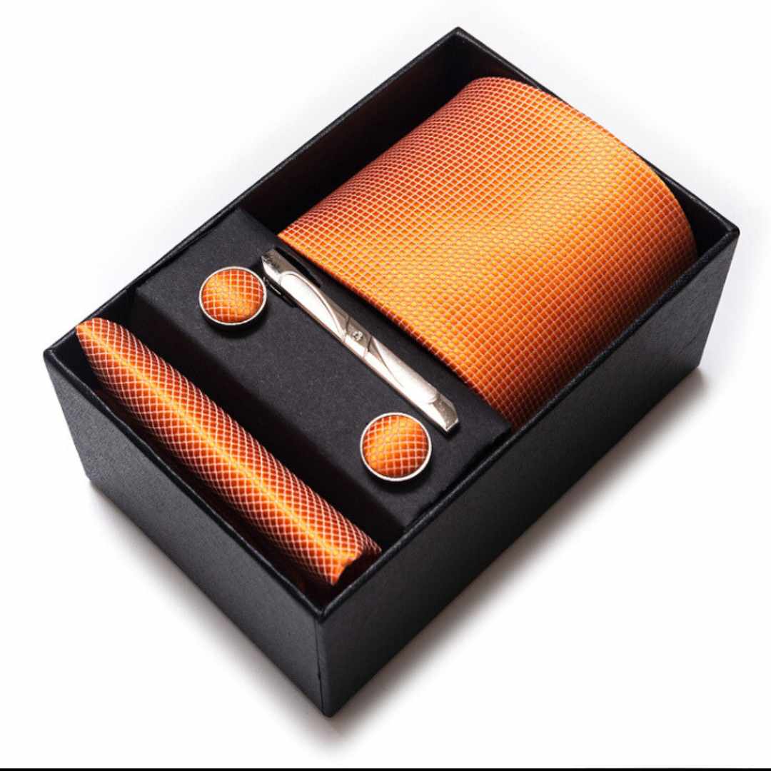 Conjunto Elegância Sutil LV15 - Gravata, Abotoaduras, Lenço e Prendedor Para Gravata