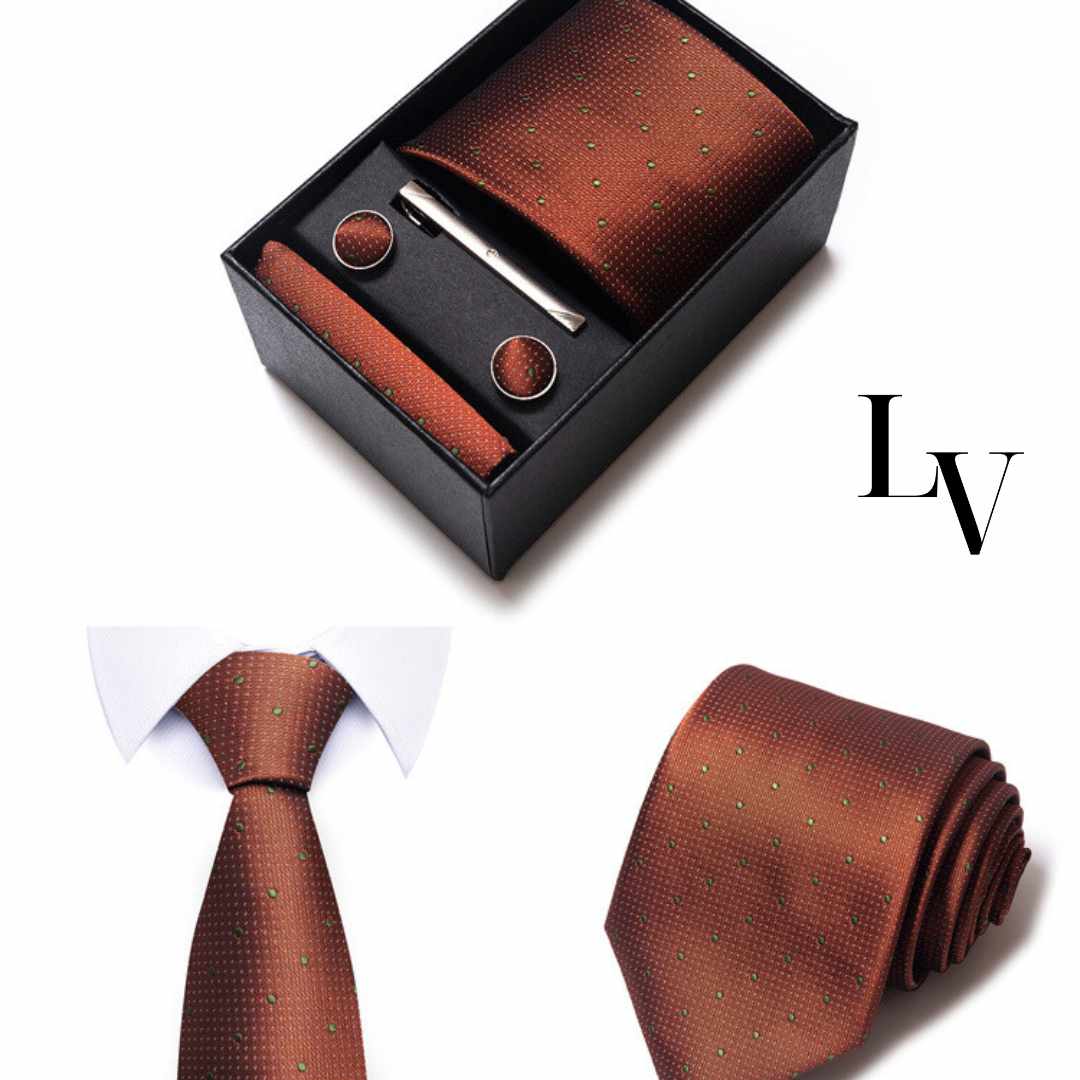 Conjunto Elegância Sutil LV13 - Gravata, Abotoaduras, Lenço e Prendedor Para Gravata