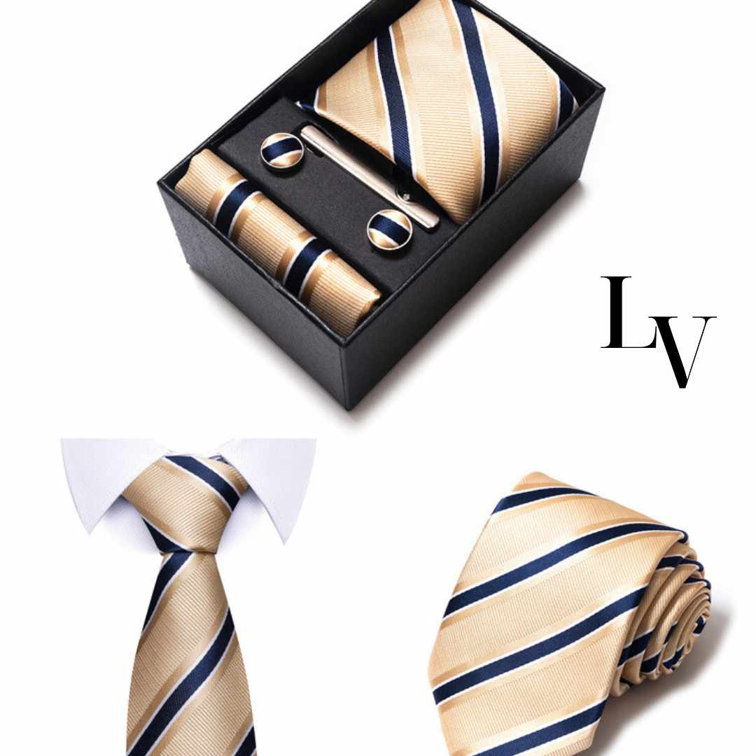 Conjunto Elegância Sutil LV16 - Gravata, Abotoaduras, Lenço e Prendedor Para Gravata