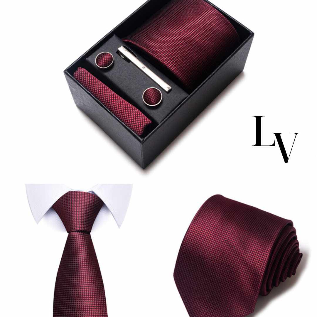 Conjunto Elegância Sutil LV09 - Gravata, Abotoaduras, Lenço e Prendedor Para Gravata