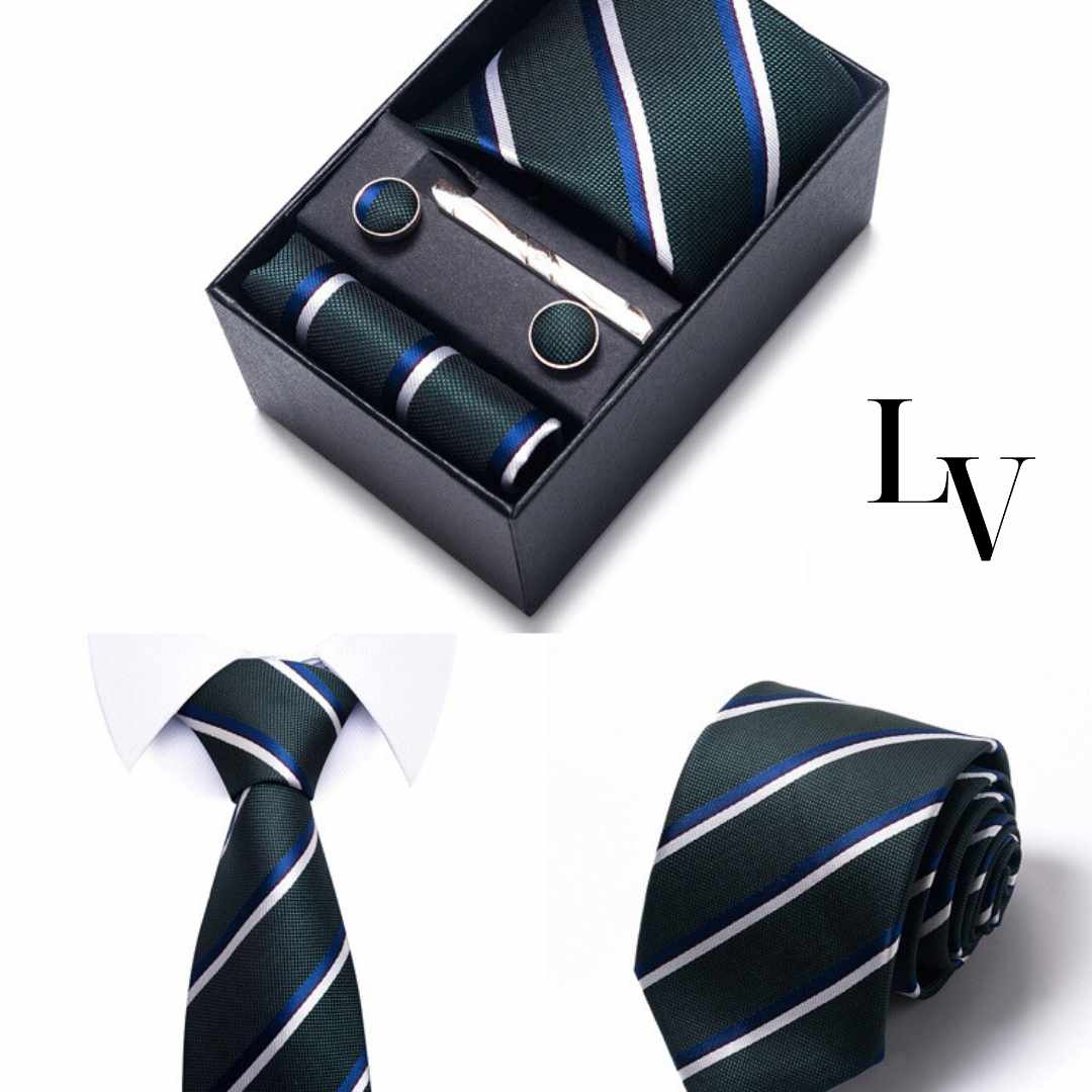 Conjunto Elegância Sutil LV03 - Gravata, Abotoaduras, Lenço e Prendedor Para Gravata