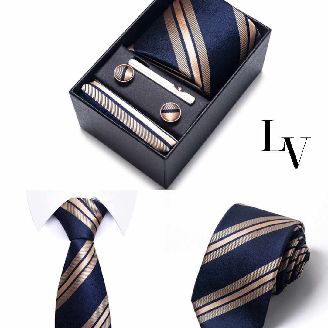 Conjunto Elegância Sutil LV01 - Gravata, Abotoaduras, Lenço e Prendedor Para Gravata