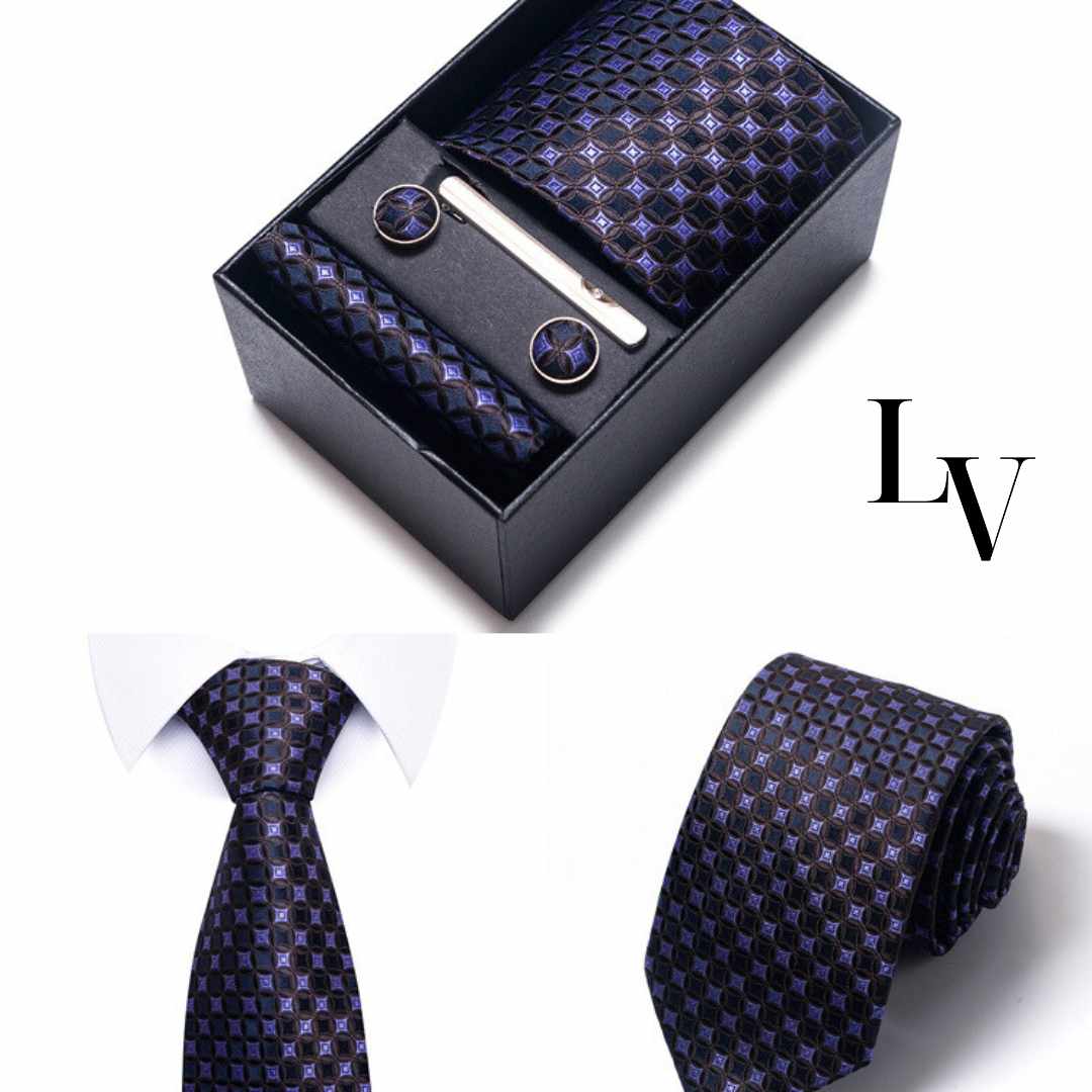 Conjunto Elegância Sutil LV29 - Gravata, Abotoaduras, Lenço e Prendedor Para Gravata