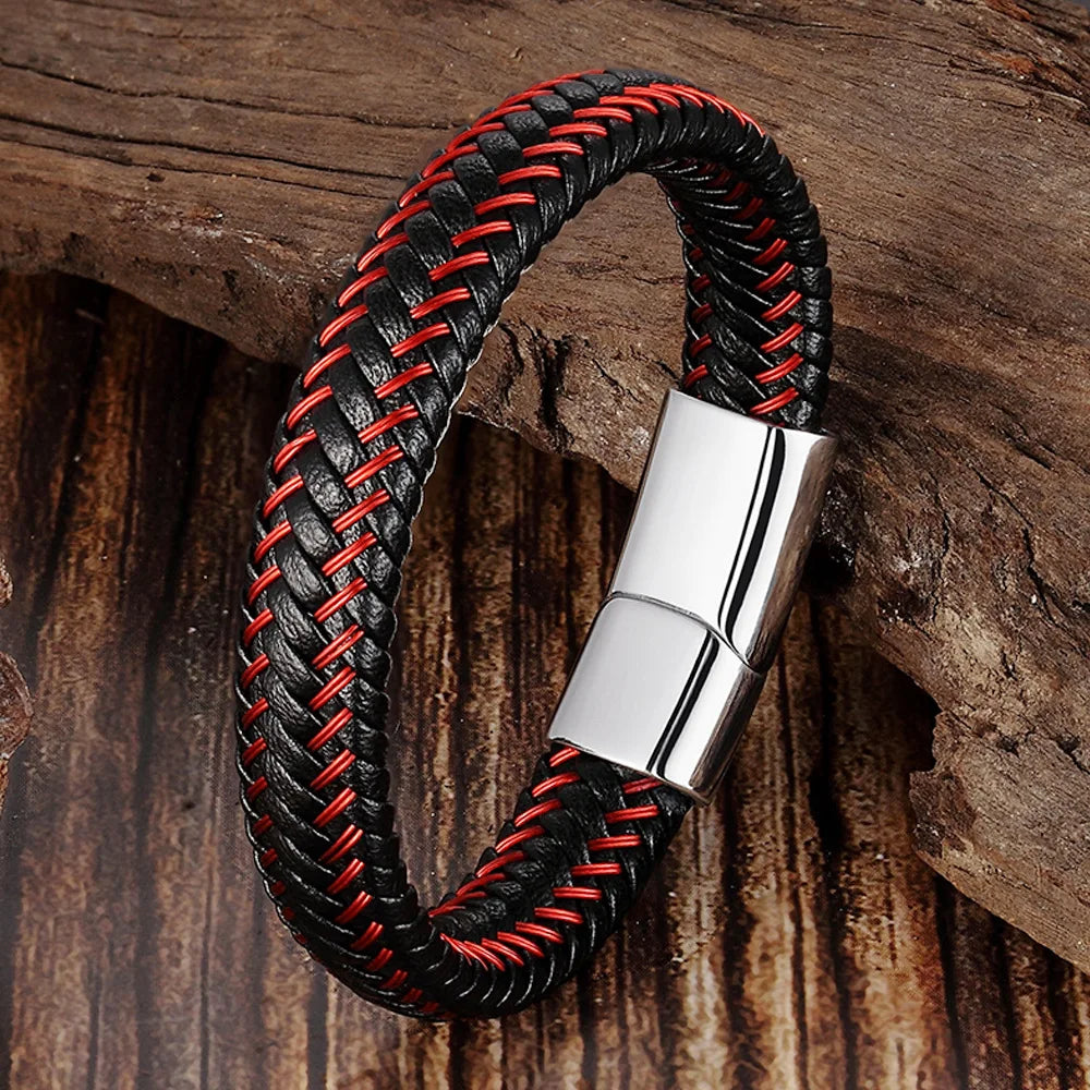 Pulseira Masculina de Couro Trançado com Fecho Magnético