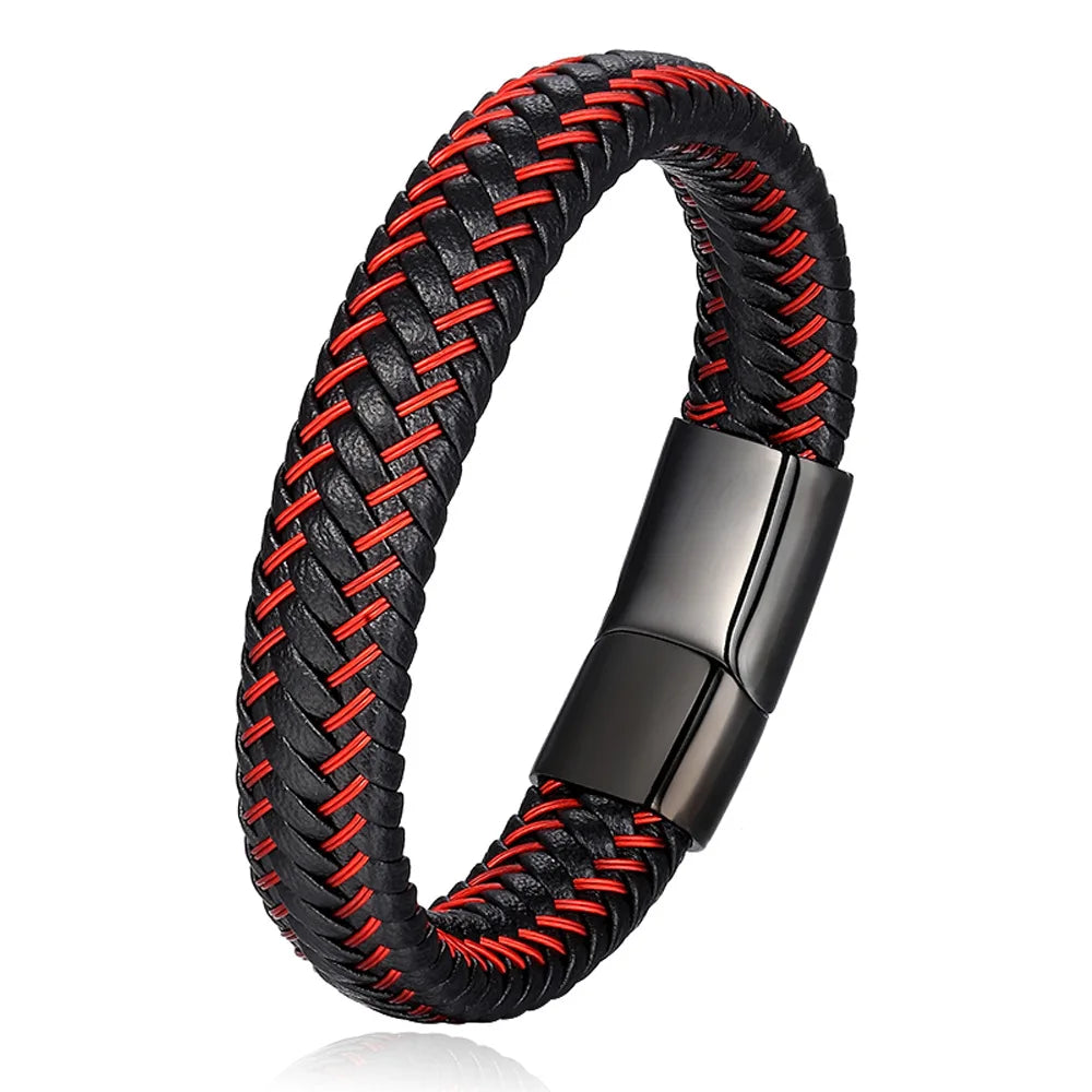 Pulseira Masculina de Couro Trançado com Fecho Magnético
