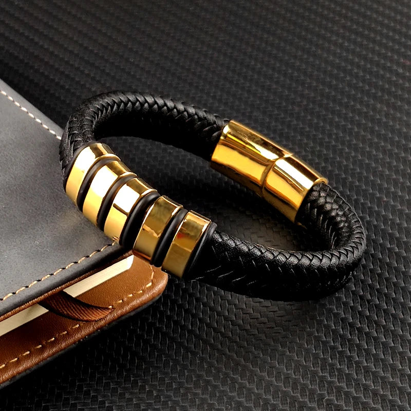 Pulseira de Couro Trançado e Aço Inoxidável - FUSION