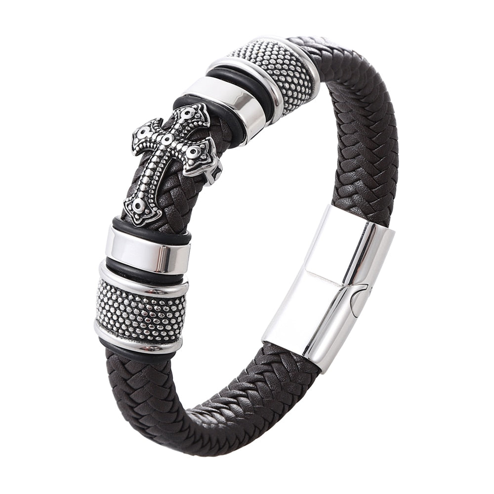 Pulseira de Couro com Crucifixo em Aço Inoxidável