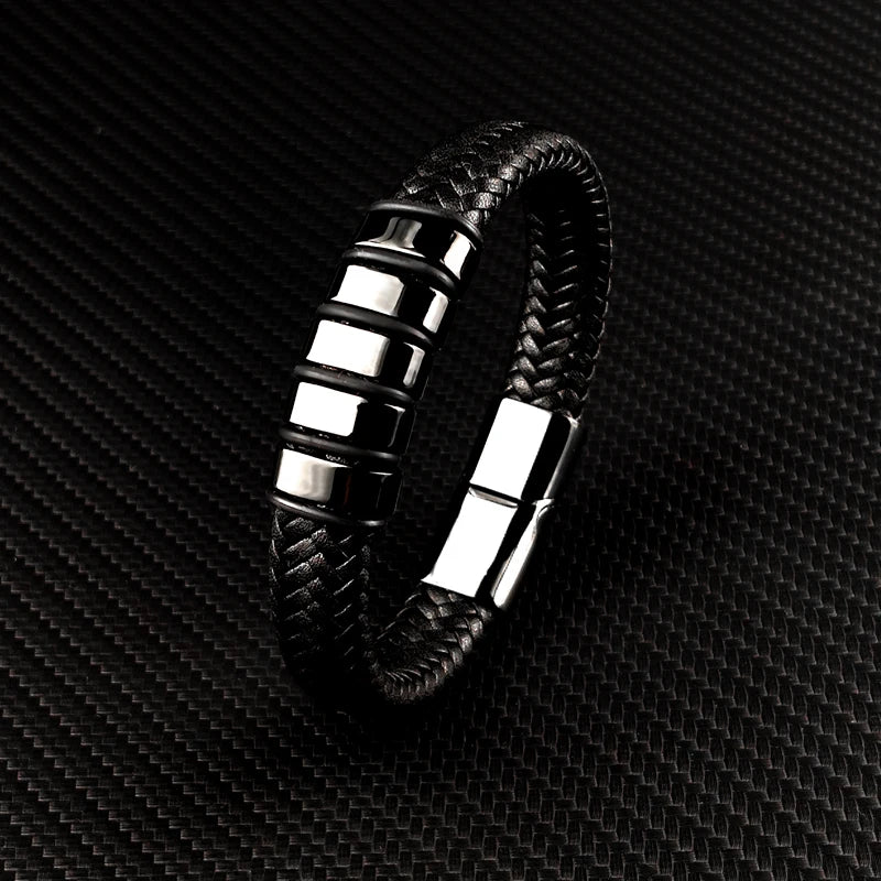 Pulseira de Couro Trançado e Aço Inoxidável - FUSION