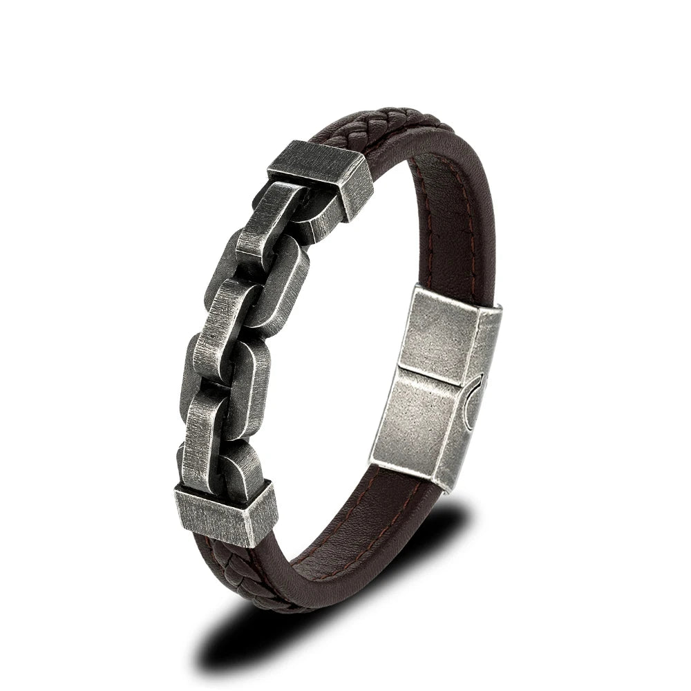 Pulseira Masculina de Couro com Corrente Locomotive - Vondore