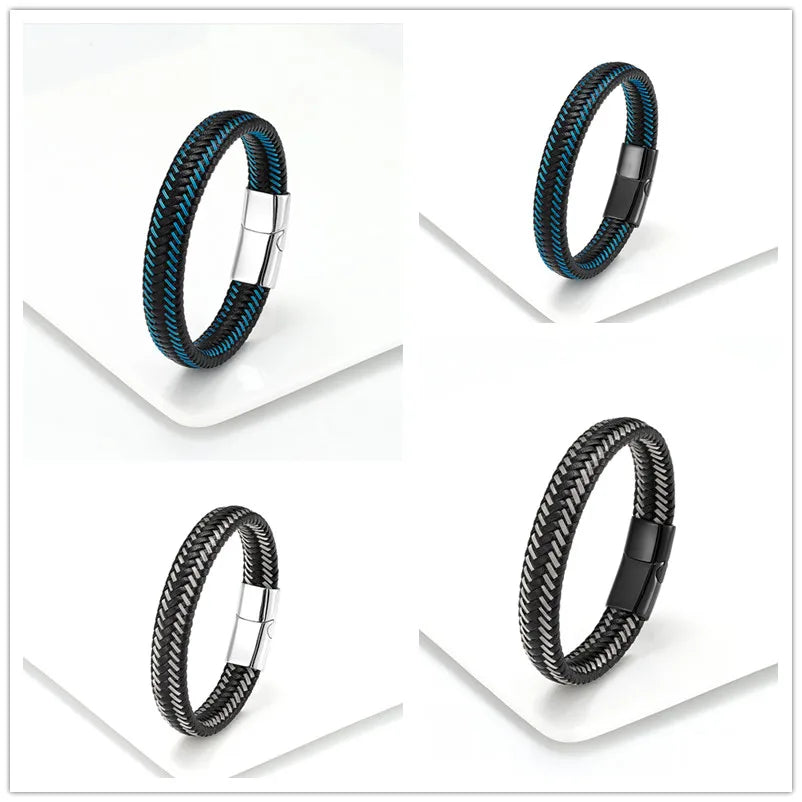 Pulseira Masculina de Couro Trançado com Fecho Magnético