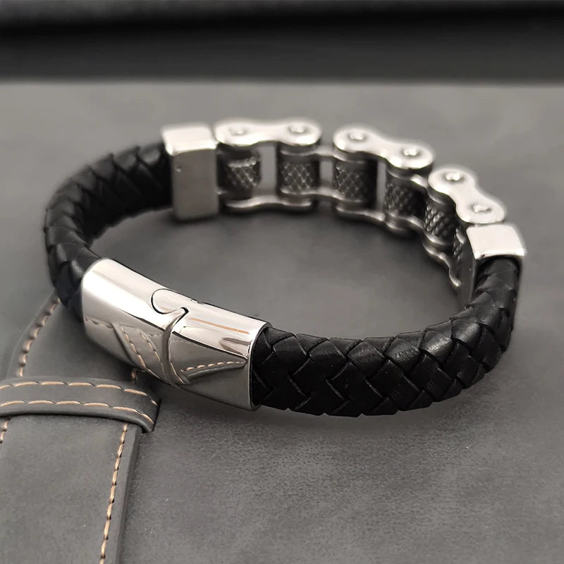 Pulseira de Couro e Corrente Biker