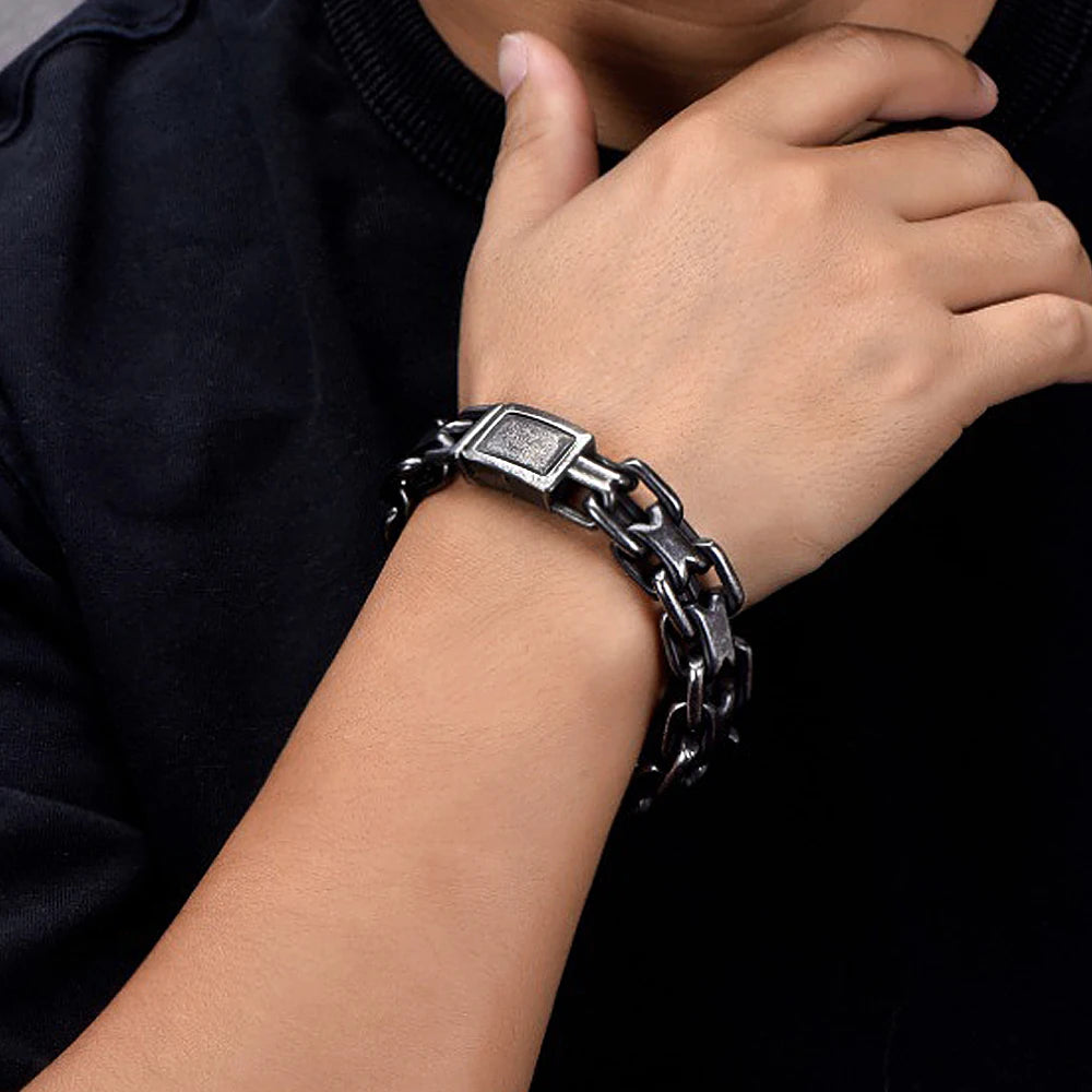 Pulseira Masculina Elo Duplo Vintage em Aço Inoxidável