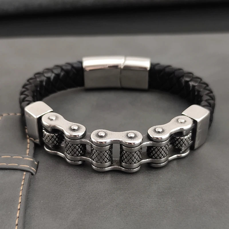Pulseira de Couro e Corrente Biker