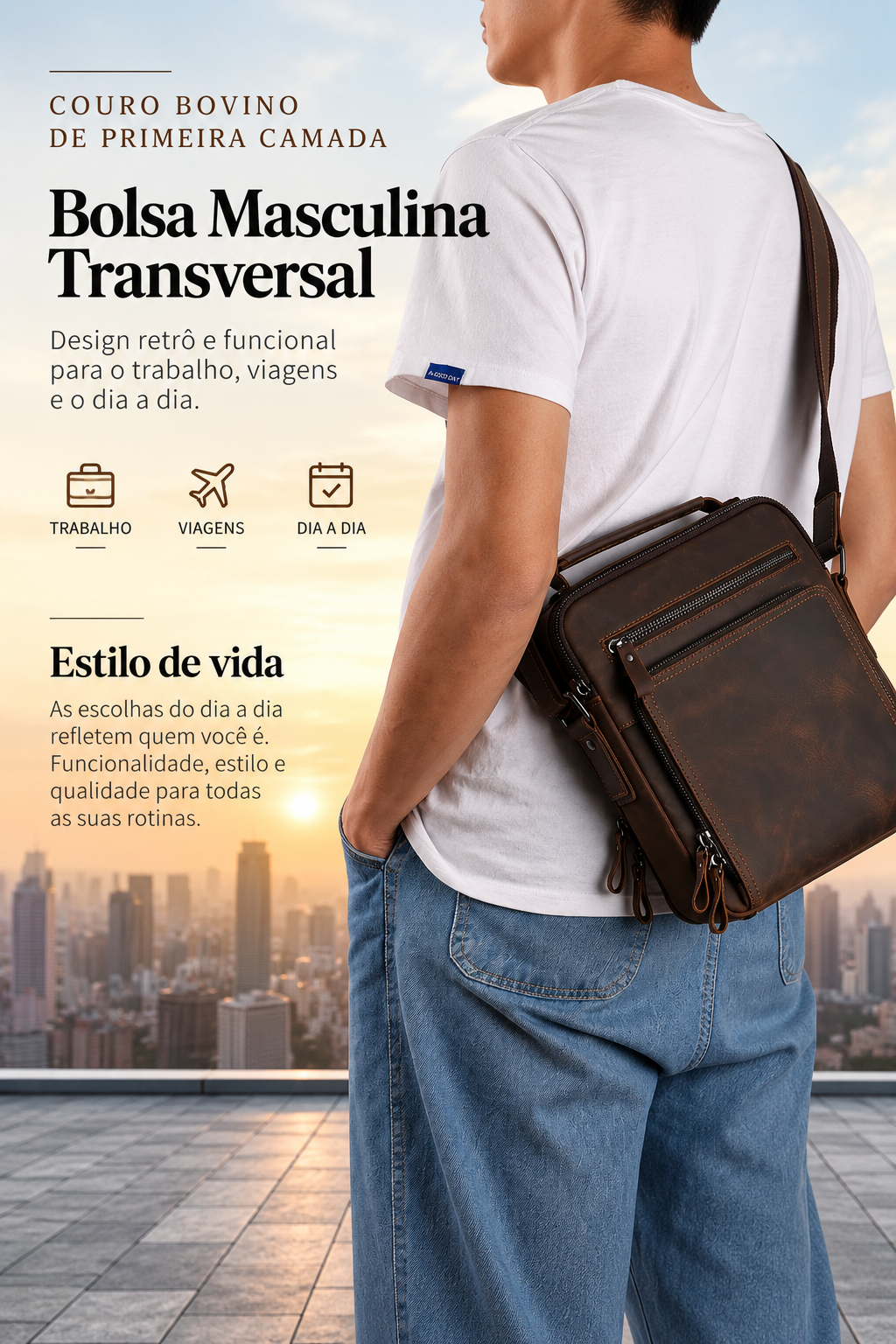 Bolsa Masculina Shoulder Bag em Couro Crazy Horse