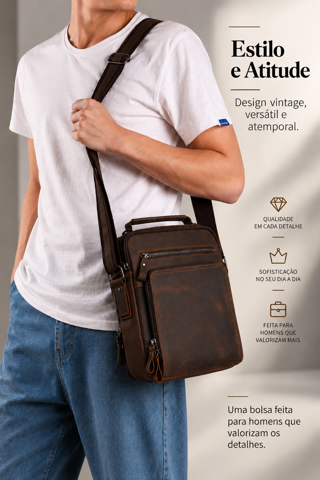 Bolsa Masculina Shoulder Bag em Couro Crazy Horse