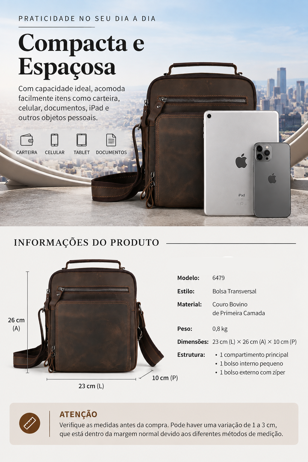 Bolsa Masculina Shoulder Bag em Couro Crazy Horse