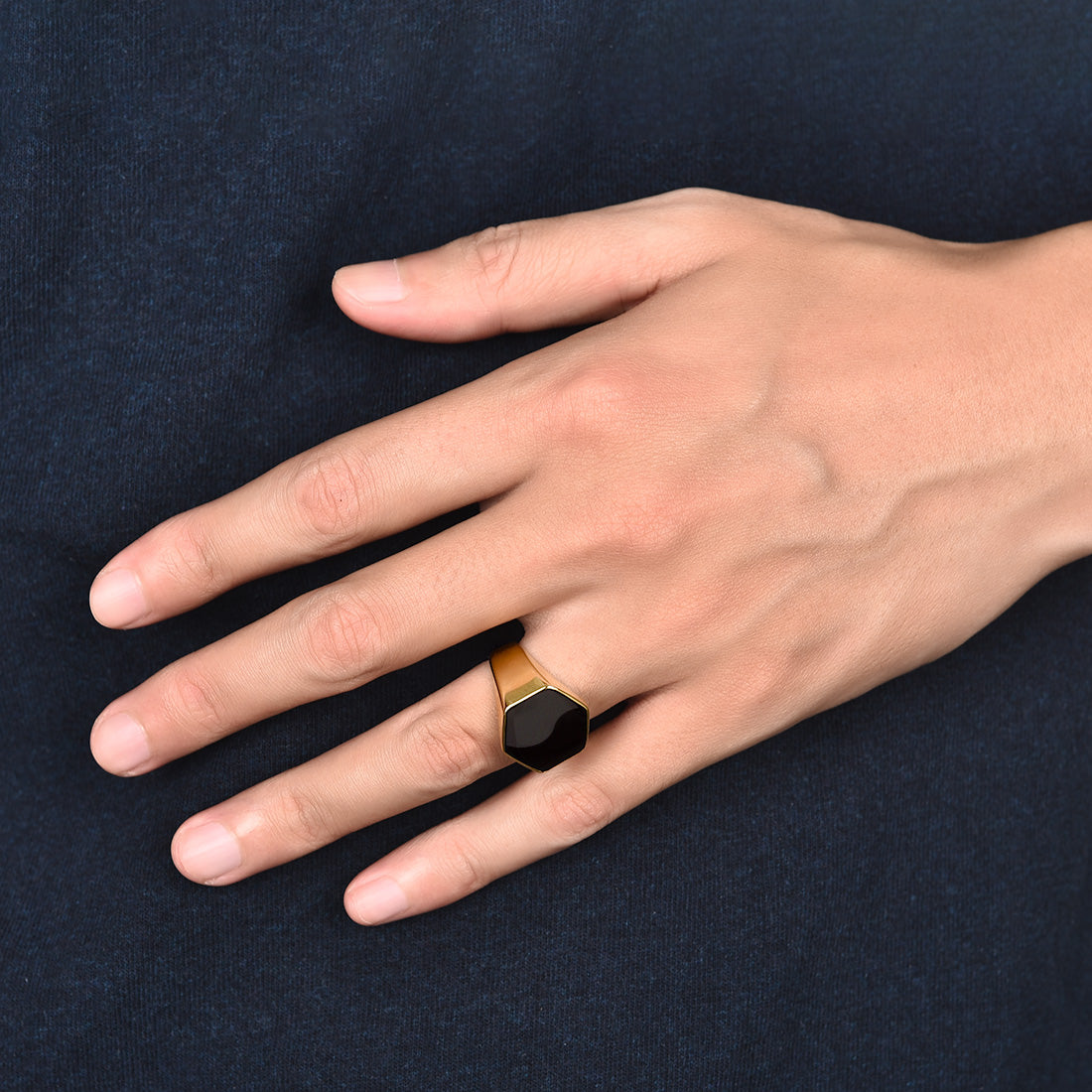 Anel Geométrico em Aço Inoxidável Hex Black